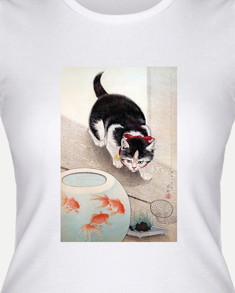 Kedi ve Japon Balığı Kasesi Kadın Tişört