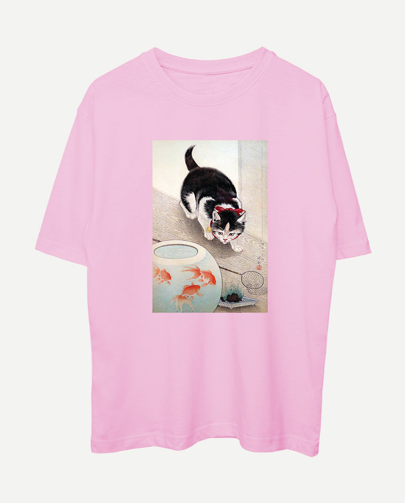 Kedi ve Japon Balığı Kasesi Oversize Tişört
